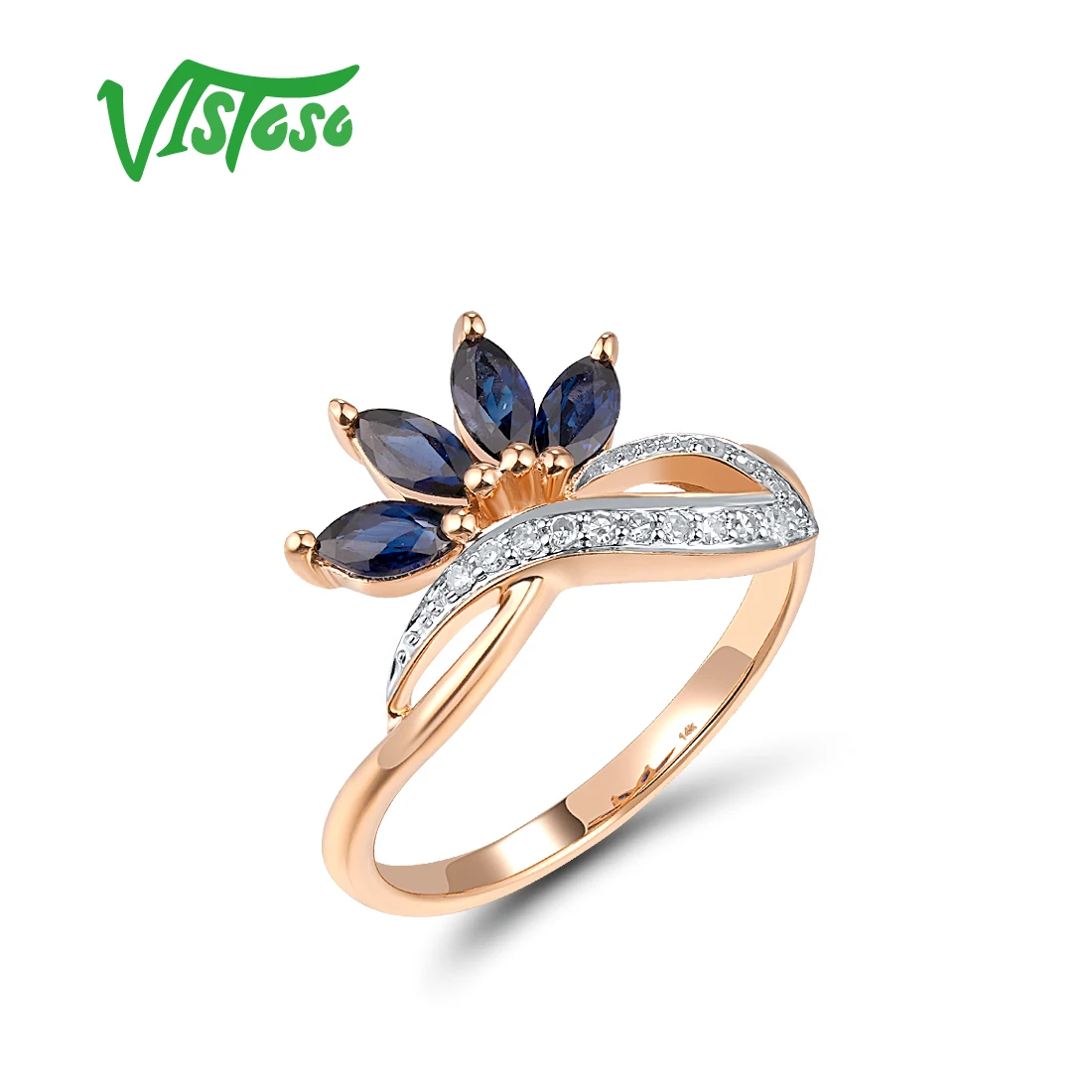 VISTOSO Real 14K 585 Rose Gold Ring For Women Ring Sparkling Diamond Blue Sapphire Luxury Wedding Engagement Chic Fine Jewelry