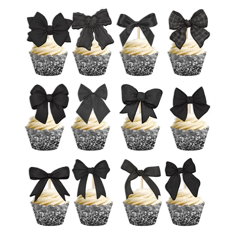 13pcs Black Bow Tie Cake Decoration,Girl\'s Bow Happy Birthday Cake Insert