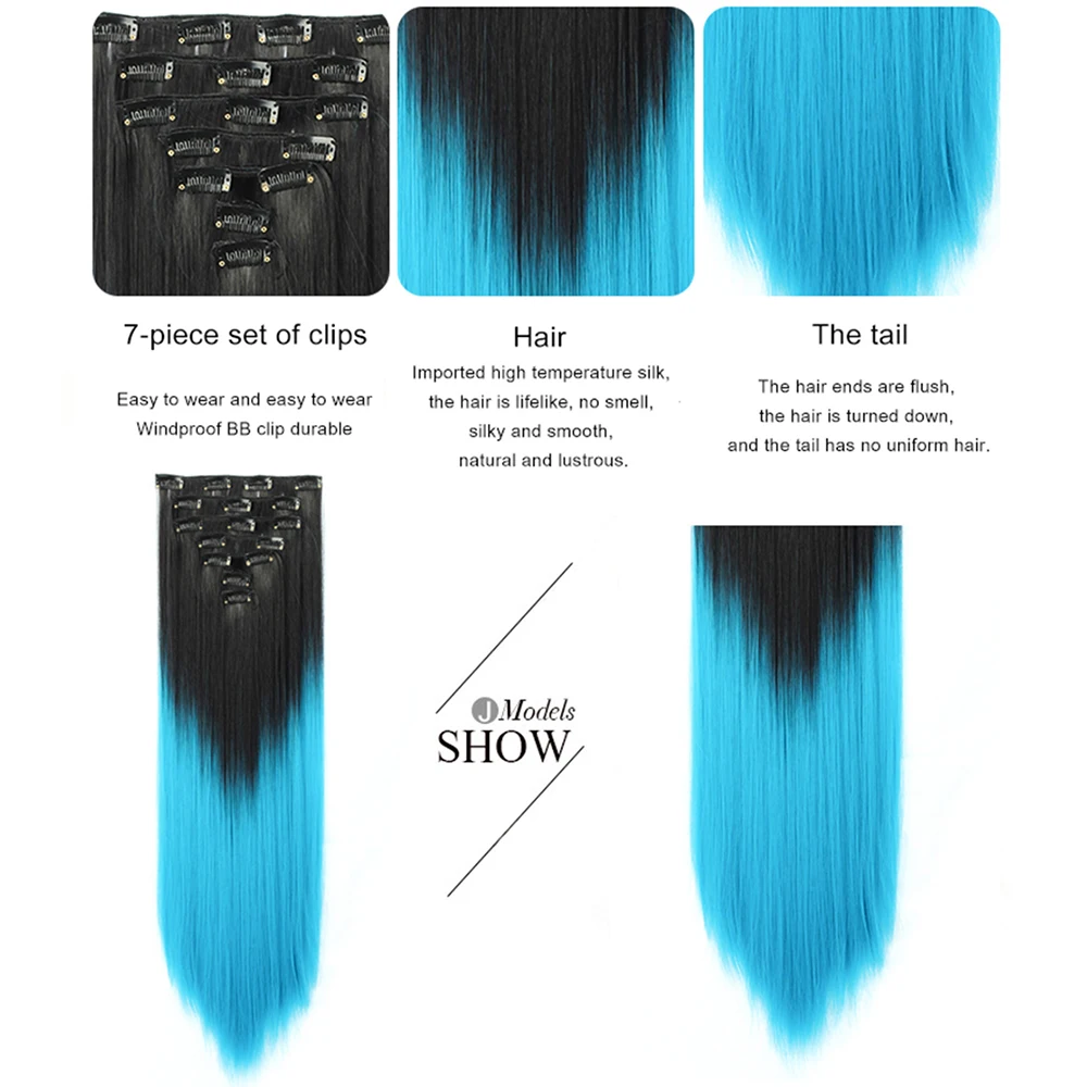 16Clips Synthetic Hair Extensions 22inch Long Straight Clip-on Extensions Hair 7Pcs/Set Heat Resistant Fiber Hairpiece For Women