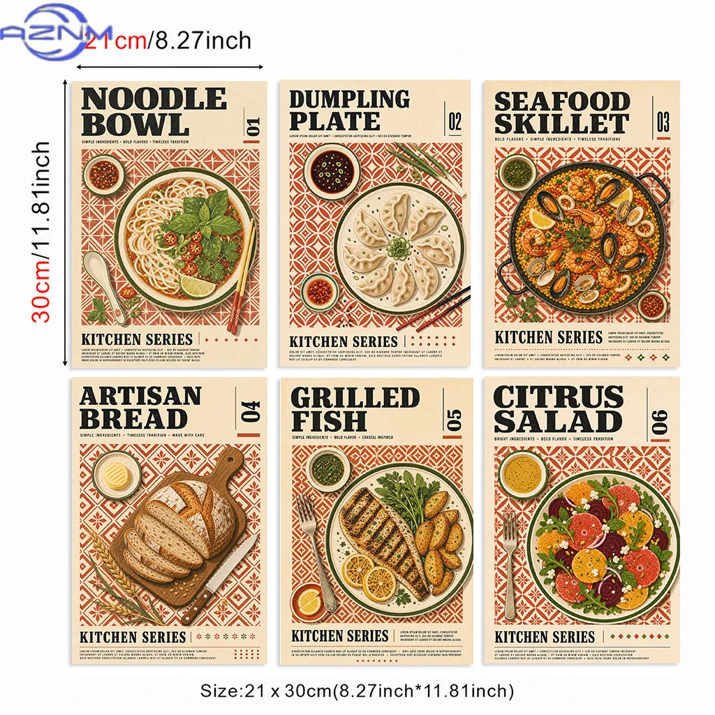 Set of 6 Vintage Kitchen Food Canvas Wall Art Prints Unframed Noodle Bowl Dumpling Plate Seafood Skillet Artisan Bread Grilled