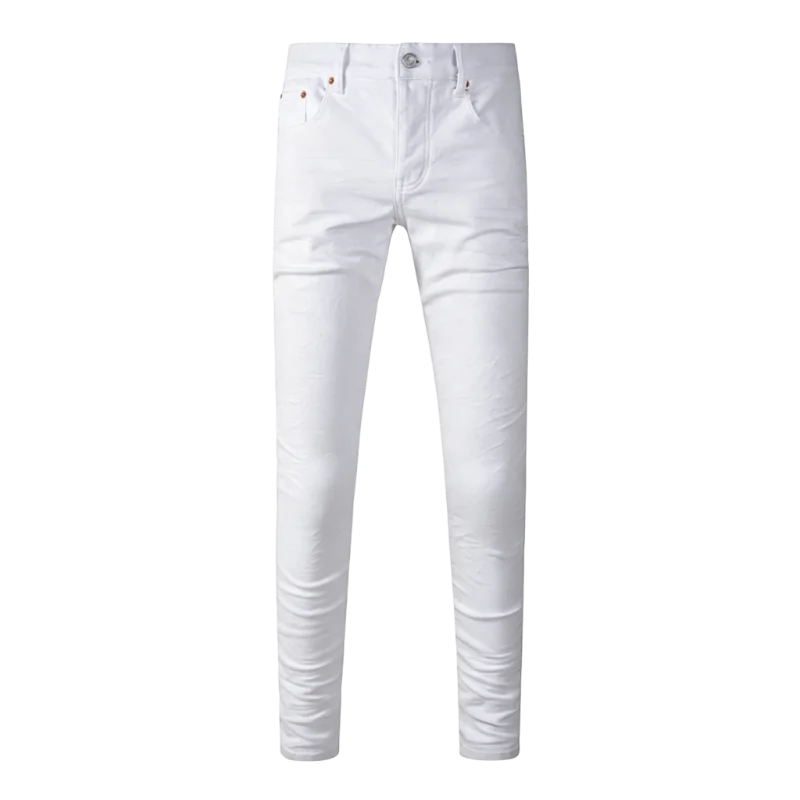 Men's Pure White Slim Tapered Jeans Washed Slight Stretch Button Fly High Street Style