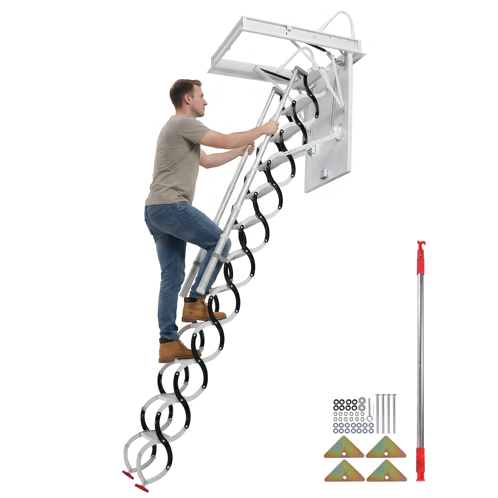 

Folding Loft Ladders with Handrails Space-Saving Collapsible Stair 660LBS Capacity Pull Down System for Garages/Roofs/Basements
