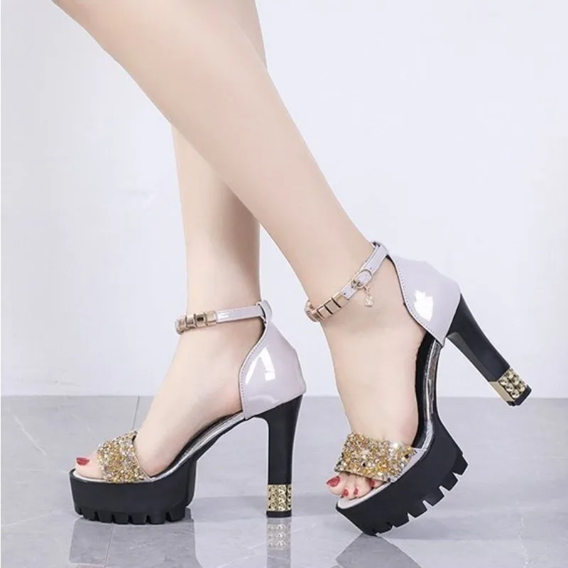 

New Summer Women High Heels Wedding Party Sandals Open Toe Ankle Strap Chunky Heels Rhinestone Platform Sandals Diamond Shoes
