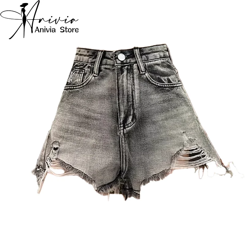 

Women's Grey Ripped Denim Shorts 90s Aesthetic Vintage Mini Tassel Jeans Shorts Y2k Cowboy Shorts Harajuku Korean Clothes Summer