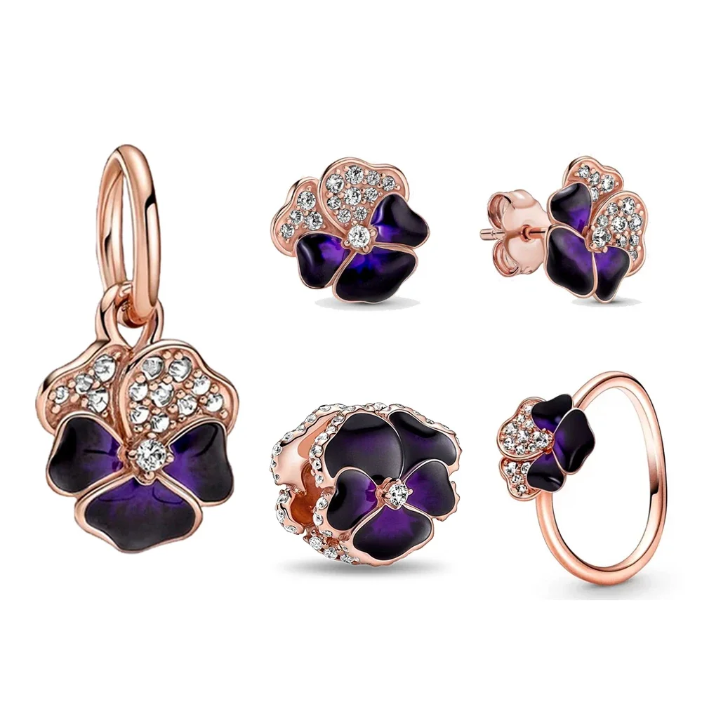 

Стерлинговое серебро 925, темно-фиолетовое трехцветное кольцо с цветком, серьги, подходят для оригинального браслета, очаровательный женский изысканный подарок