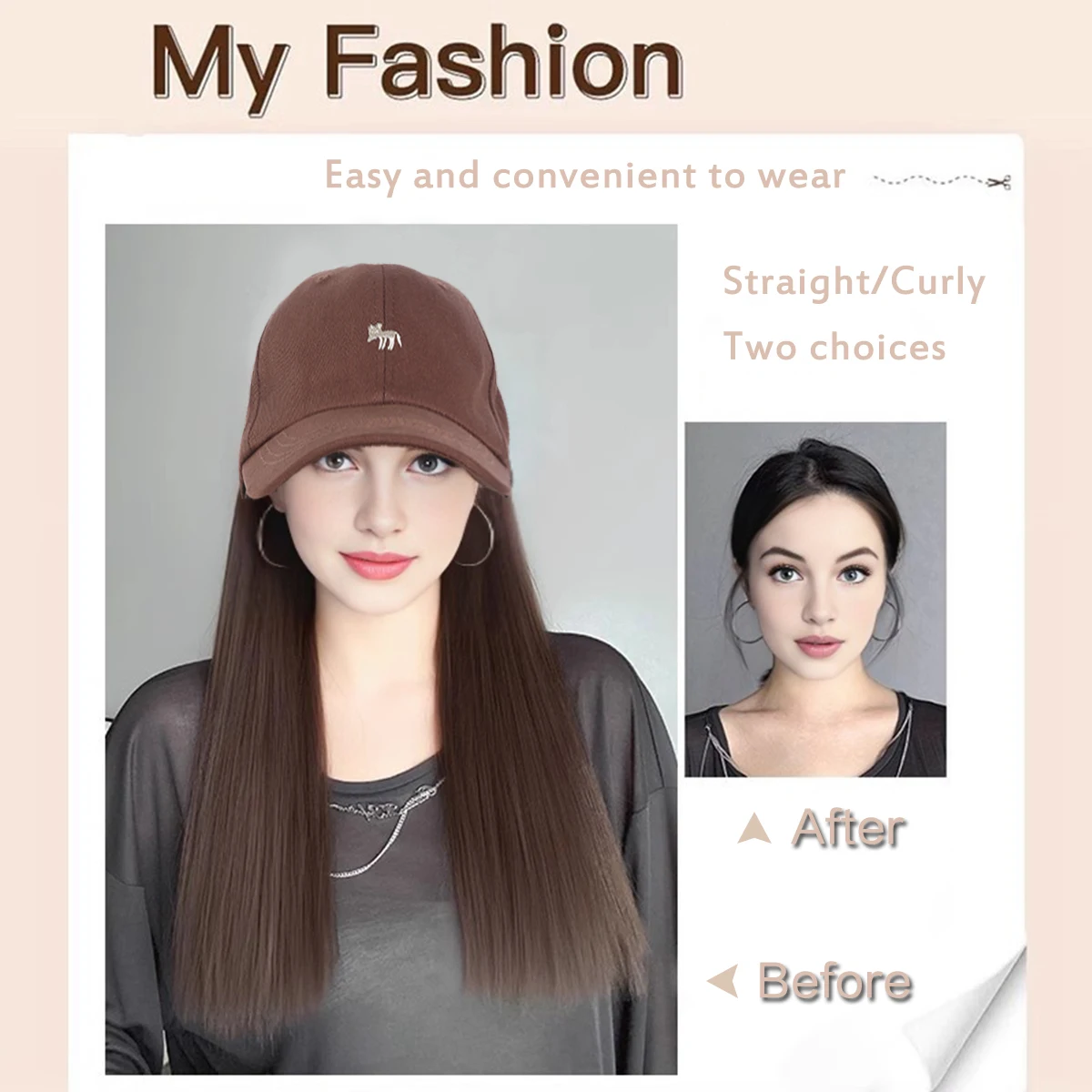 Synthetic Long Fluffy Natural Wave Wavy Curly/Straight Hair Wigs with Baseball Cap Naturally Connect Adjustable Hat Wig for Wome