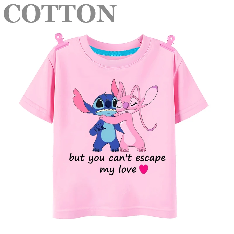 Disney Cute Stitch Anime Summer Fashion Cotton Children\'s Cartoon T-shirt Round Neck Casual Short Sleeve Printed Pattern