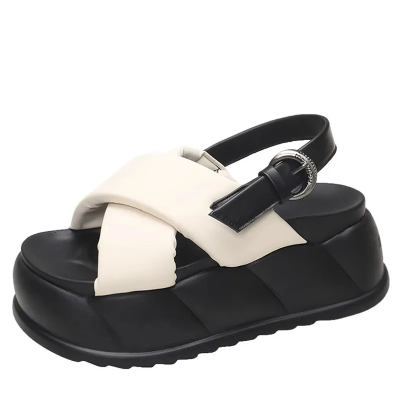 

Women's Roman Style Thick Heel Sandals Cross Band Summer New Fashion Heightening Platform Beach Shoes Outdoor Casual Pure Color