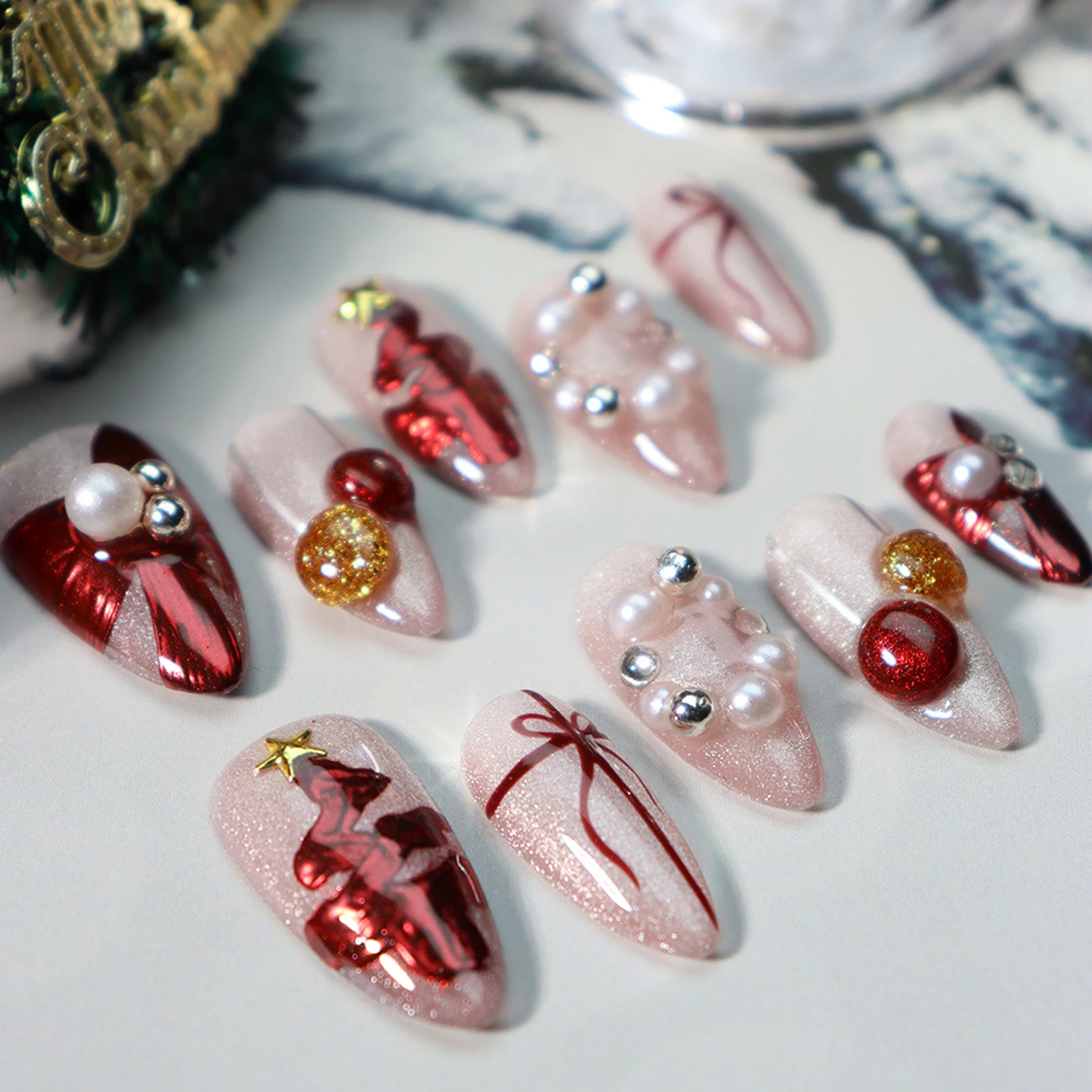 Glitter Cat's Eye Handmade Press On Nails Red Flash Stripes Almond False Nails with Red Pearl Decor 10PCS Pink Fake Nails Long