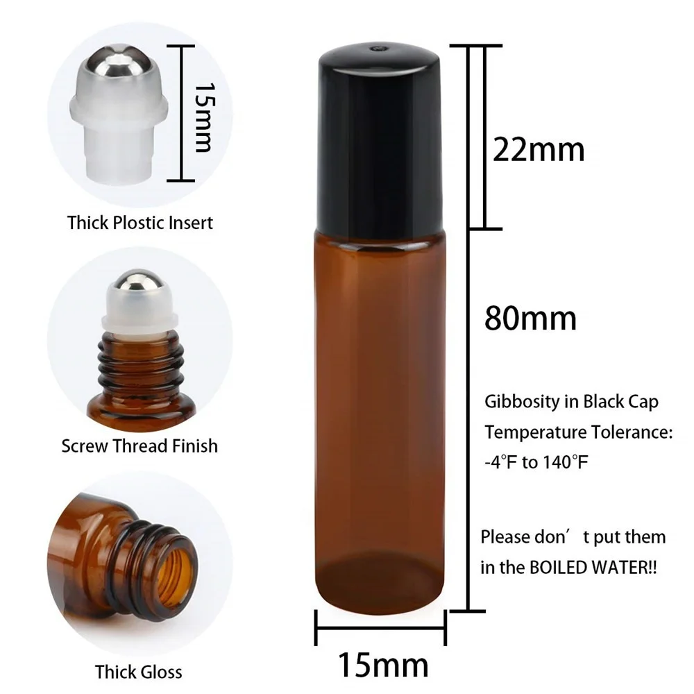 48pcs 10ml Empty Amber Blue Glass Roller Bottle with Removable Stainless Steel Roller Ball for Essential Oil Perfume