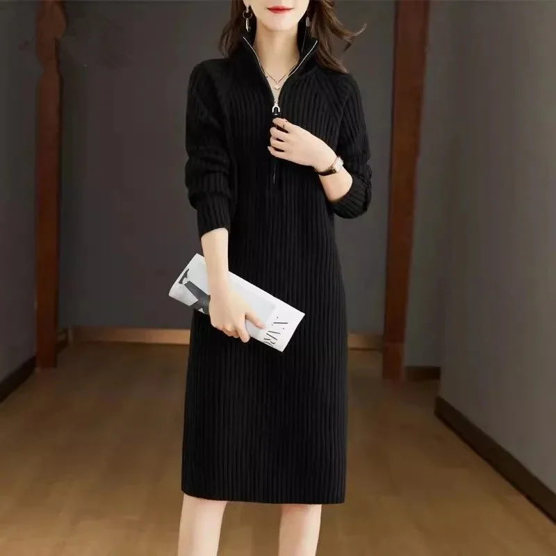 2024 Autumn/Winter New Large Knitted Dress Medium length Half Zipper Solid color Loose Casual Long Sleeve Dress Women\'s Trendy