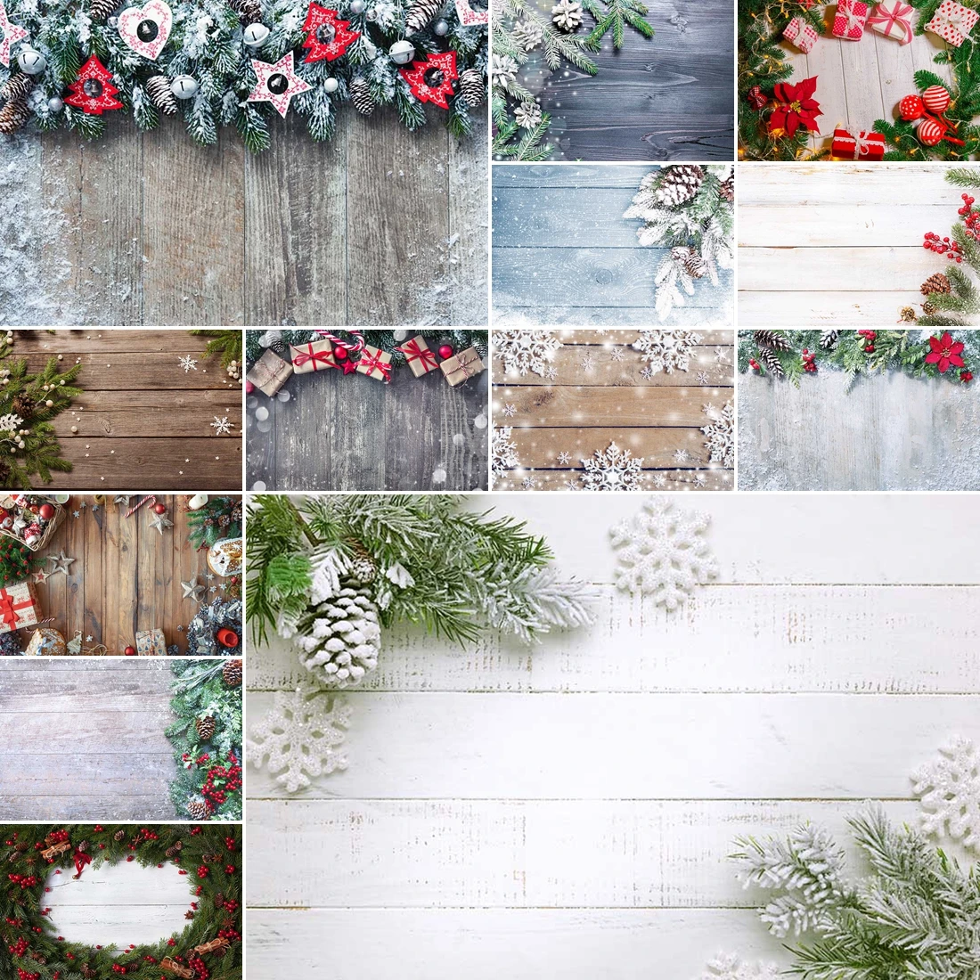 

MOON.QG Christmas Wood Board Photo Backgrounds Plank Pine Branch Gifts Backdrops For Photography Photobooth Party Decorations