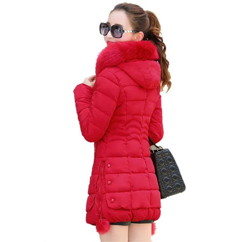 Winter Jacket Women 2024 winter coat pure color casual Fur Collar Hooded long hooded cotton lady jacket