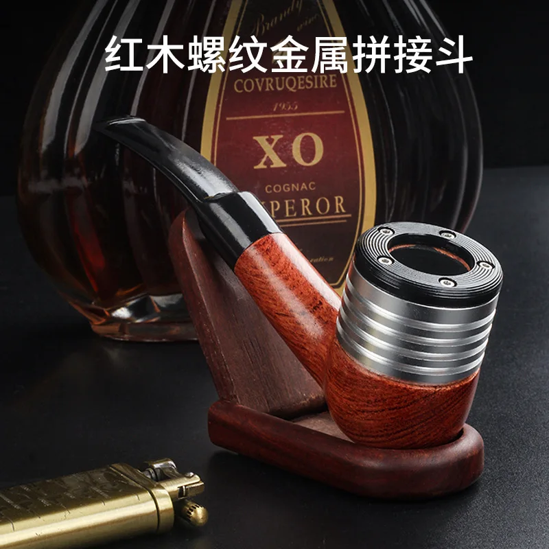 

Solid Wood9mmFilter Smoking Pipe Metal Anti-Burn Mouthpiece Traditional Handmade Old Style Red Wood Dry Tobacco Pipe Men's Porta