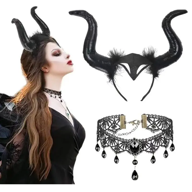 

652F Devil Costumes Halloween Party Prop Devil Ears Headband Horns Headpiece Necklace Sets Cosplays Performances Prop Women