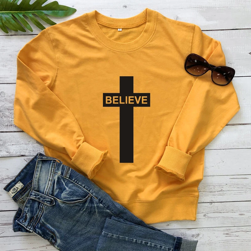 

believe cross sweatshirt retro women long sleeve Christian jesus pullovers