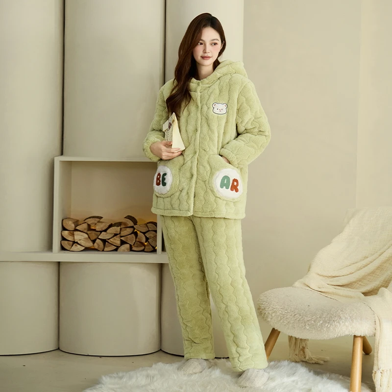 High Quality Winter Women Pajamas Set 3 Layer Clip Cotton Pijama Female Thick Warm Hooded Sleepwear