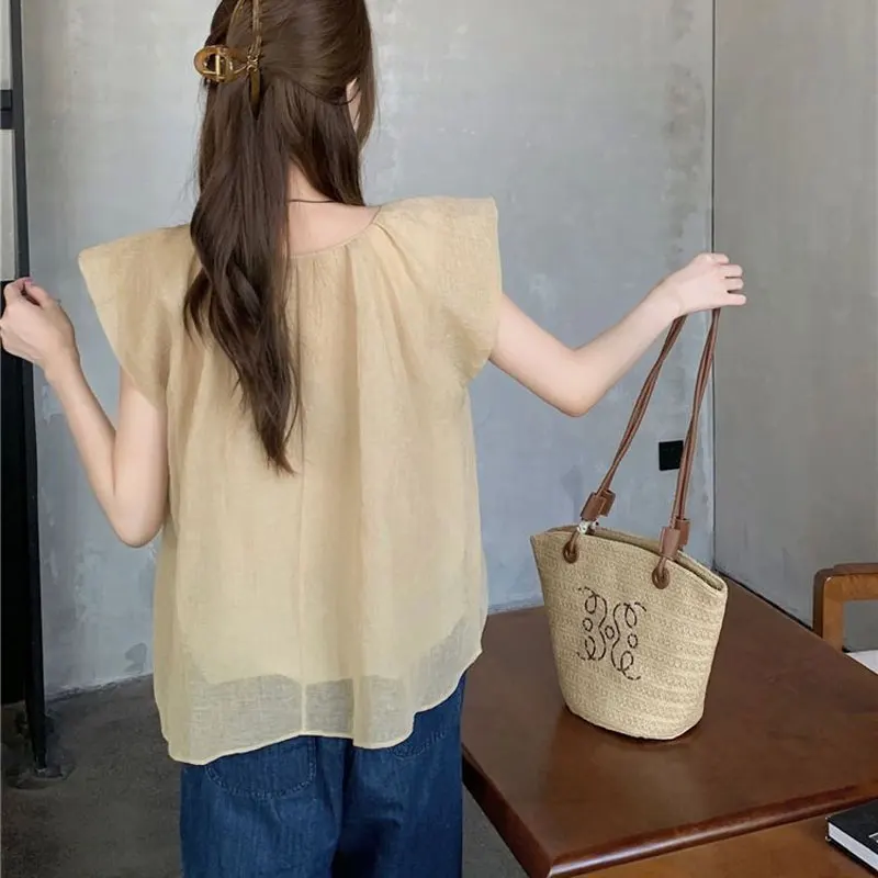 Fashion Vintage Loose Folds Blouse Summer Korean Flying Sleeve Women\'s Clothing Solid Color All-match Casual Round Neck Shirt