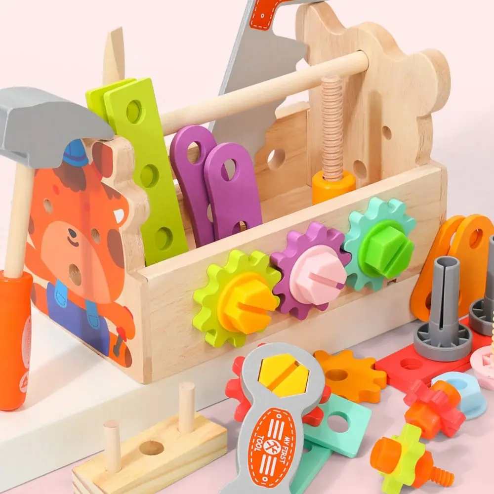 Caja de herramientas de madera para niños, caja de herramientas de juguete Montessori, juego de desmontaje de rompecabezas, herramienta de reparación de simulación de tornillo de tuerca DIY