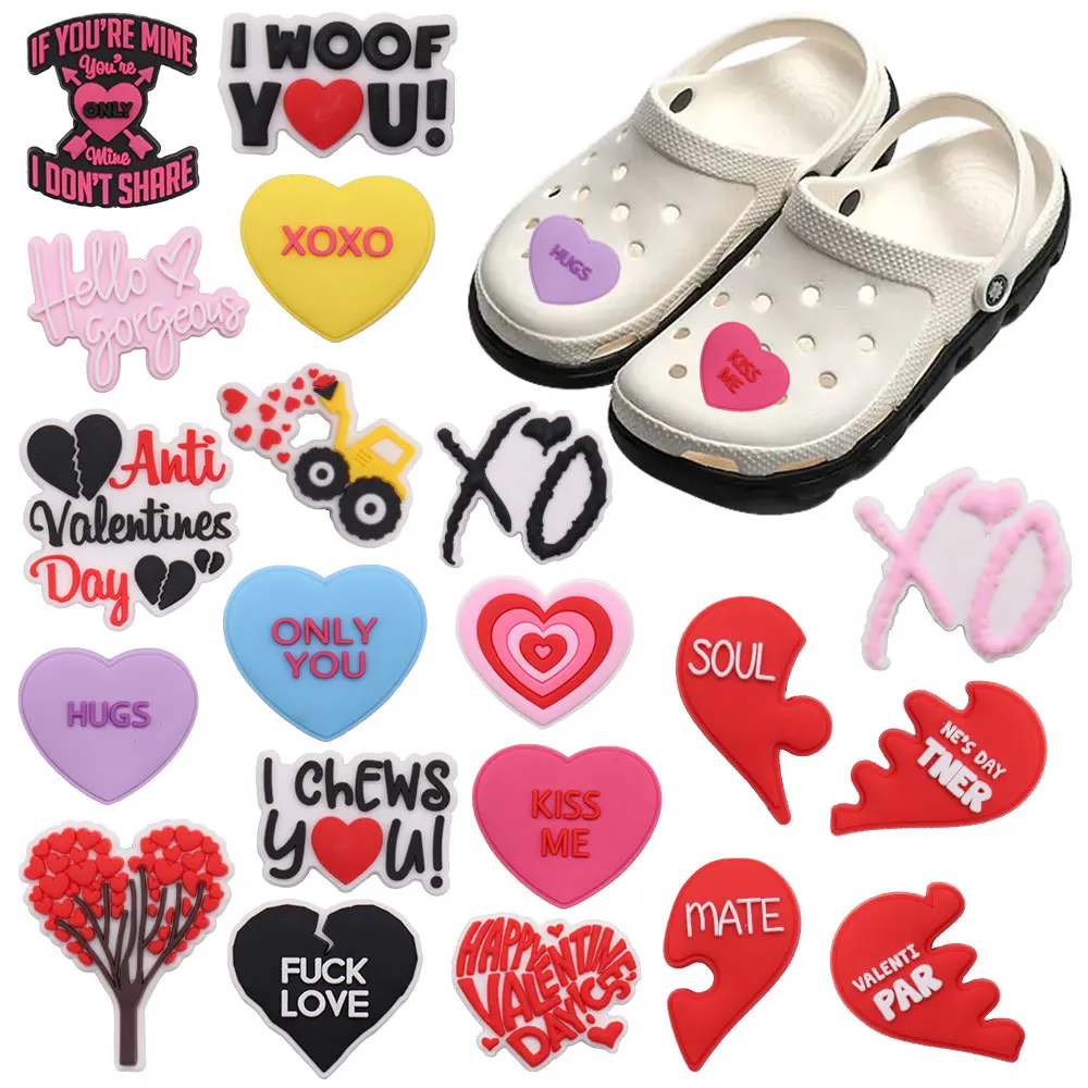 New Arrival 1pcs PVC Shoe Charms Fit Wristbands Flower Soul Mate Kiss Me Only You Happy Valentine's Day Hole Slipper Decoration