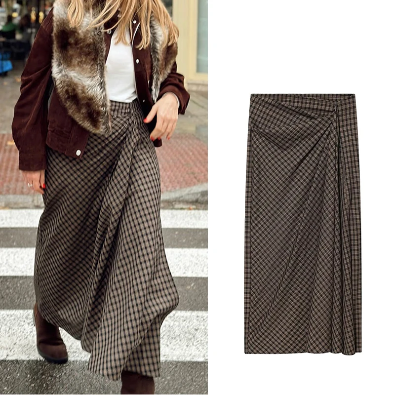 

Elegant Plaid Long Skirts For Women Fashion Ruched New High Waist Midi Skirt High Street Casual Chic Party Skirts Mujer ﻿ ﻿