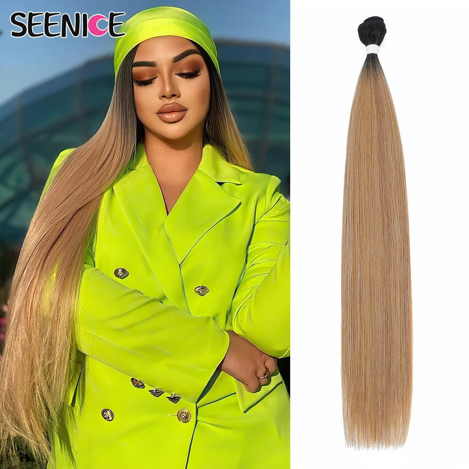 Bone Straight Hair Extensions Synthetic Ombre Brown Copper Hair Bundles Natural Hair Weaving 26Inch Straight Hair Full to End