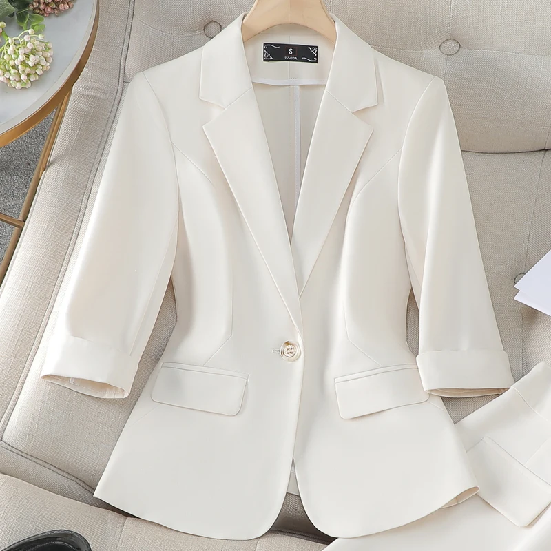 2024 Elegant Skirt Suits Women Ladies New Formal Pink Apricot Khaki 3/4 Sleeve Solid  Blazer Two Piece Set Office Suit