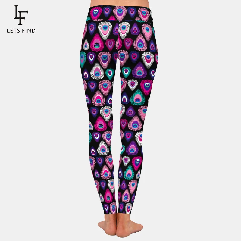 Letsfind 2020 nova chegada pavão pena impressão calças femininas moda cintura alta aptidão elástica leggings completos