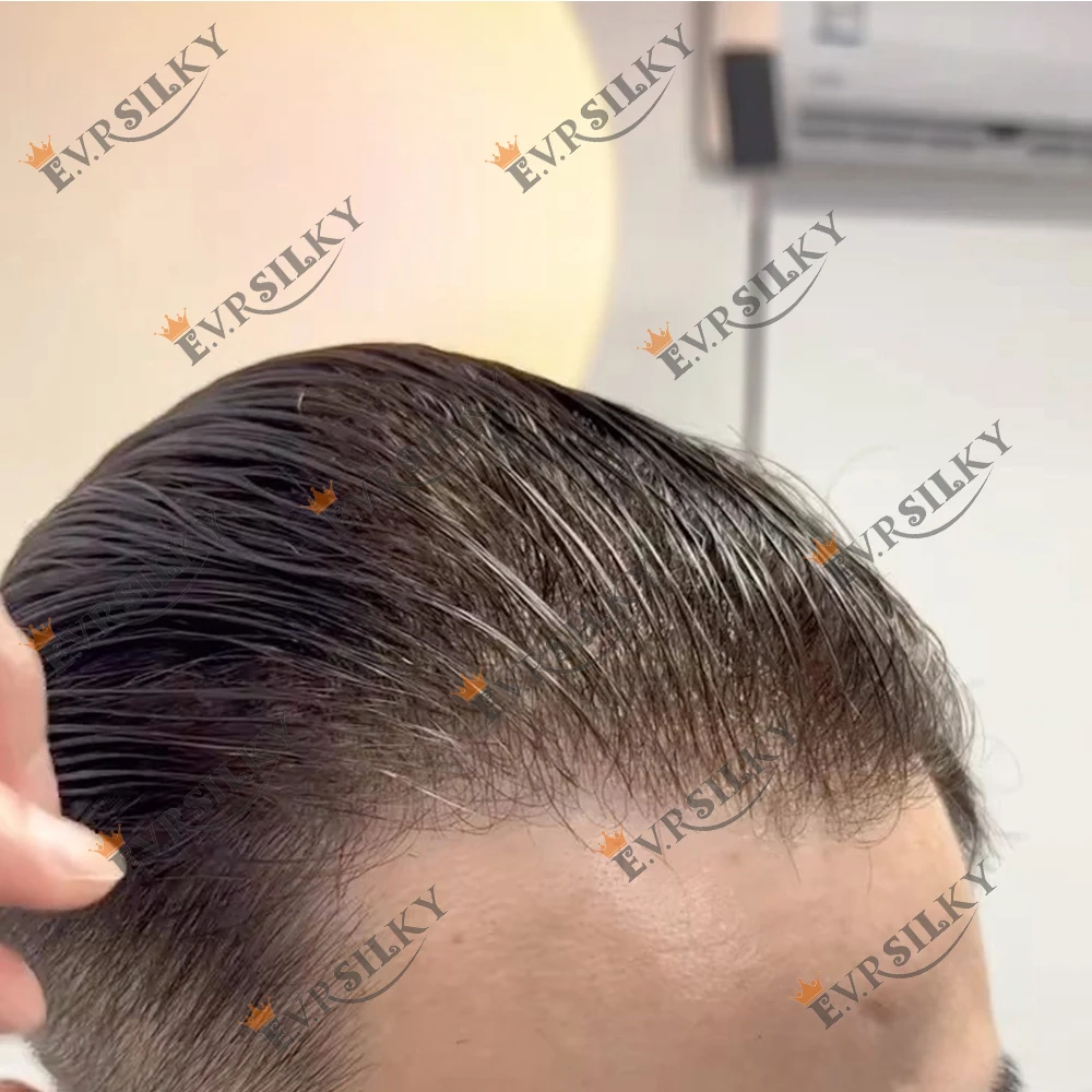 

Ultra Micro Thin Skin 0.02mm Mans Wig Brown Blonde Human Hair Unit 80Density Super Natural Hairline Grey Men Toupee Undetectable