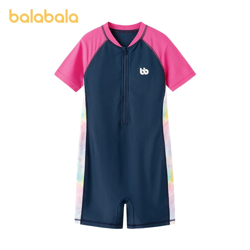 Balabala Swimwear Girls 2024 Summer New Swimwear Older Children Sun Protection One-Piece Swimsuit Color-Block Print Sweet