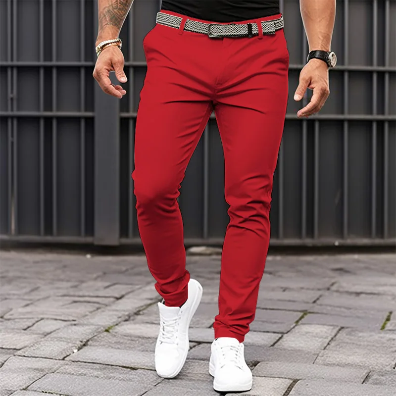 Pantaloni slim fit da uomo in tinta unita con tasche frontali e cerniere per abbigliamento casual da lavoro con pantaloni con fondo affusolato da uomo