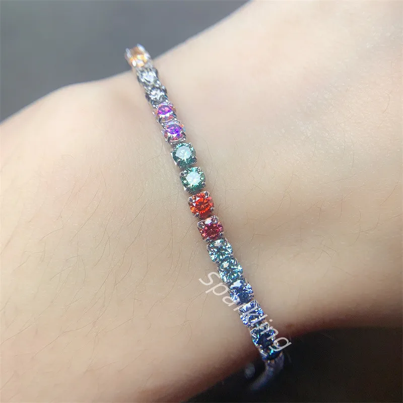 925 Sterling Silver moissanite Bracelet Glitter Colorful moissanite through Diamond Instrument Detect Women's Bracelet Hip Hop