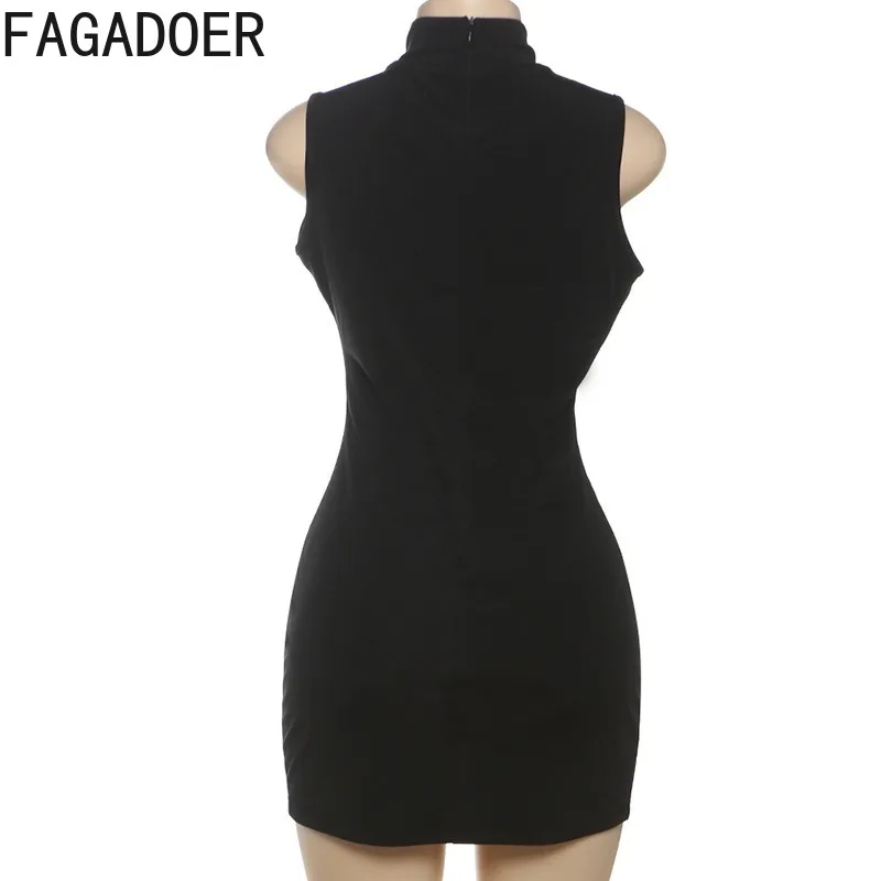 FAGADOER été nouveau Sexy évider moulante Mini robe femmes sans manches boucle en métal Patchwork robes femme fête Clubwear