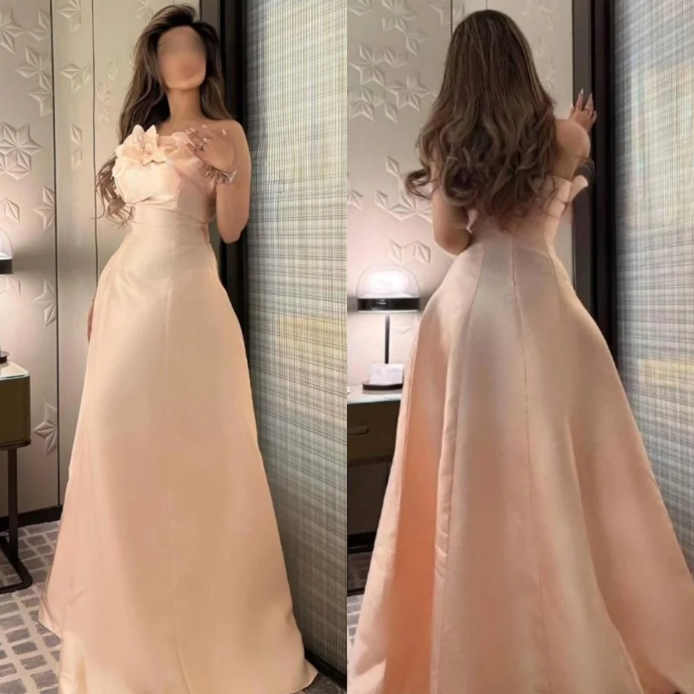 

Customized Fashion Charmeuse Pleat Flower A-line Strapless Long Dresses Bespoke Occasion Formal Sizes Available