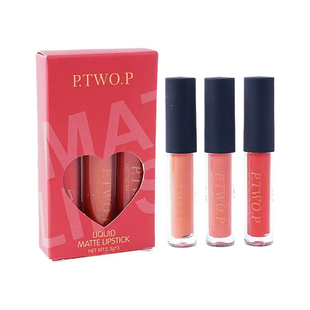 P.tw o.p 3pc Long Lasting Liquid Matte Lip Gloss Liquid Lip Lipstick antiaderente Gloss Cup Lip Makeup Red Waterproof Beauty G0m0