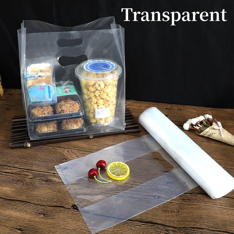 50pcs Transparent Bag With Handle Food Packaging Bag Party Favor Baking Take Away Bags