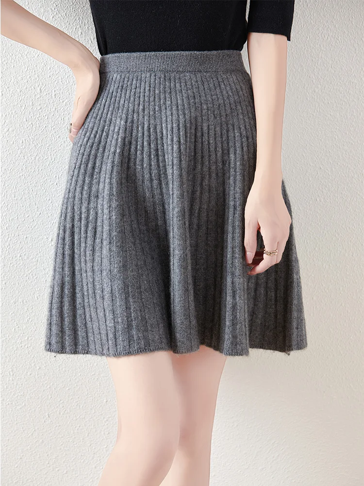 Women's Wave Short Skirt 100% Merino Wool Mini Skirts Autumn Winter Sweater Umbrella Skirt High Waist Stretch Sweet Knit Dresses