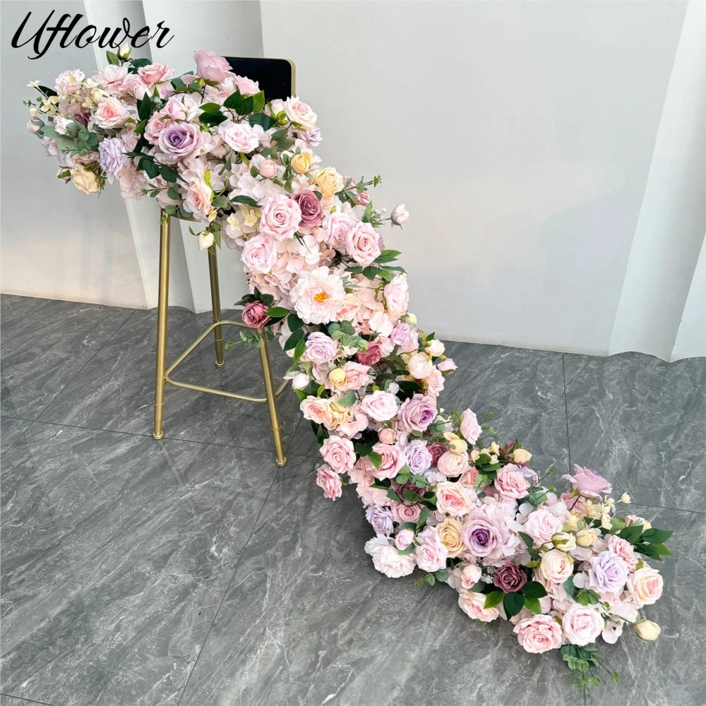

Uflower 2m Pink Rose Hydrangea Flower Row Runner Artificial Flower Wedding Backdrop Decor Floral Wall Party Prop Window Display