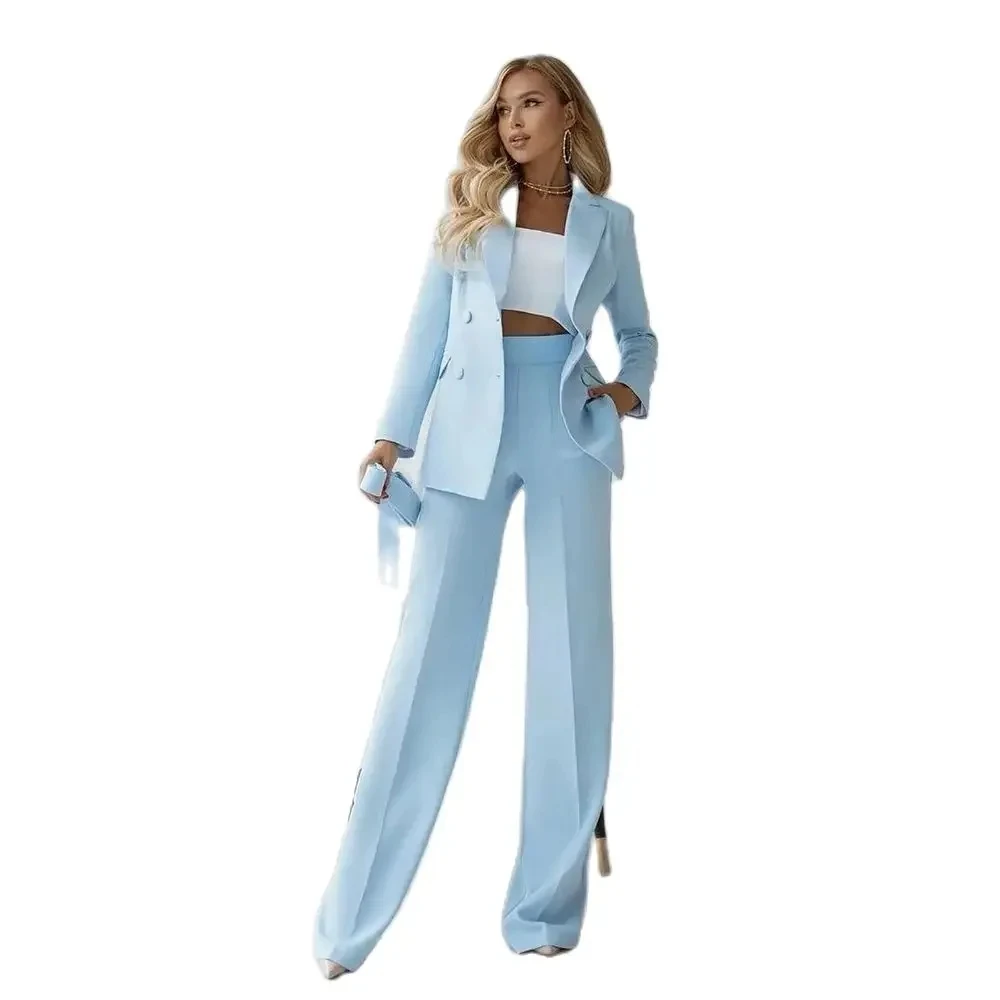 Fashion Sky Blue 2 Pieces Set Business Suits Wedding Tuxedos Party Peaked Lapel Double Breasted Womens Suits (Blazer+Pants)