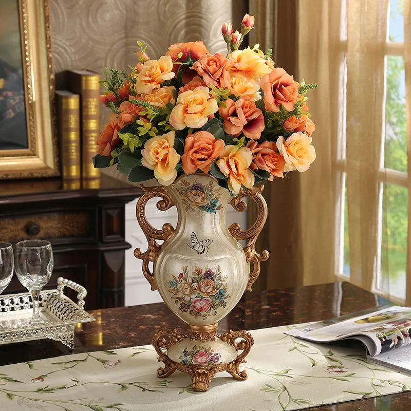 European vase ornament, living room flower arrangement, retro luxury home entrance TV cabinet, dining table floral decoration
