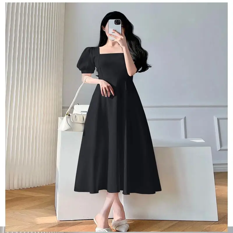 فستان نسائي طويل كروي كلاسيكي للحفلات ، ياقة مربعة ، أكمام فقاعات ، مزاجه مناسب للجسم ، ملابس صيفية