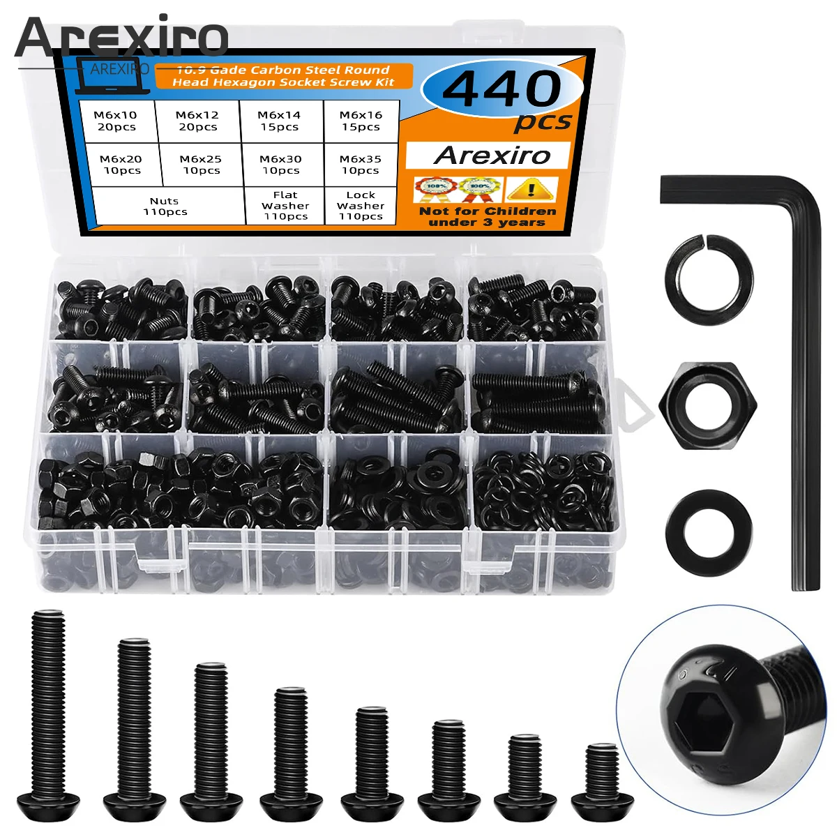 

Набор из 440 шт. винтов с шестигранной головкой и гайками из углеродистой стали класса 10.9, M6x10/12/14/16/20/25/30/35 мм, с шайбами