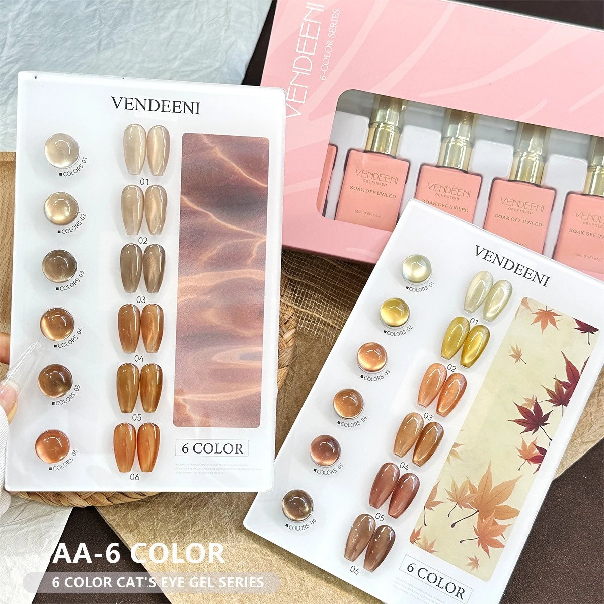 Vendeeni 6 Pcs Nude Colors Glass Bead Cat Magnetic Nail Gel Polish Set 15ml Translucent Whitening Soak Off UV/LED Gel Nail Art