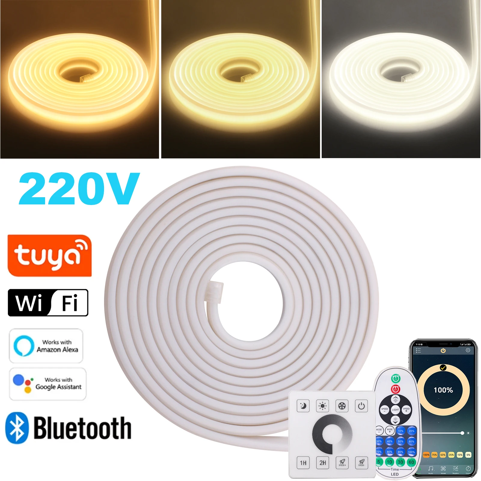 220V COB Neon LED Strip Light 288LEDs/M Remote/Bluetooth/Wifi/Touch Panel Control Flexible COB Strip Light Dimmable Led Ribbon