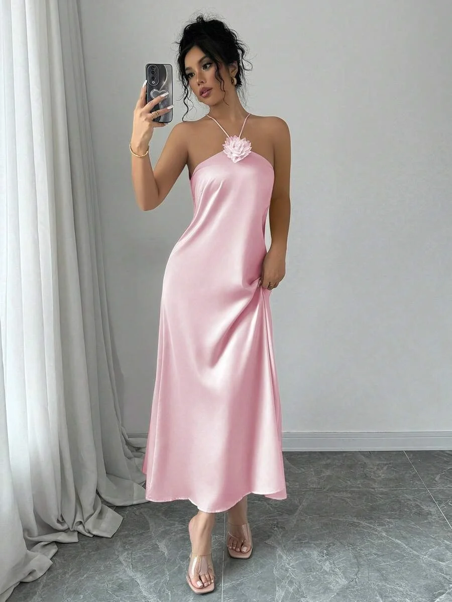 Damen 3D-Blumen Neckholder Rückenfreies Satin-Maxikleid Elegantes Rosa Slip-Kleid Langes Kleid für Hochzeitsgäste Abendparty Urlaub Midi-Kleid – Detail 7
