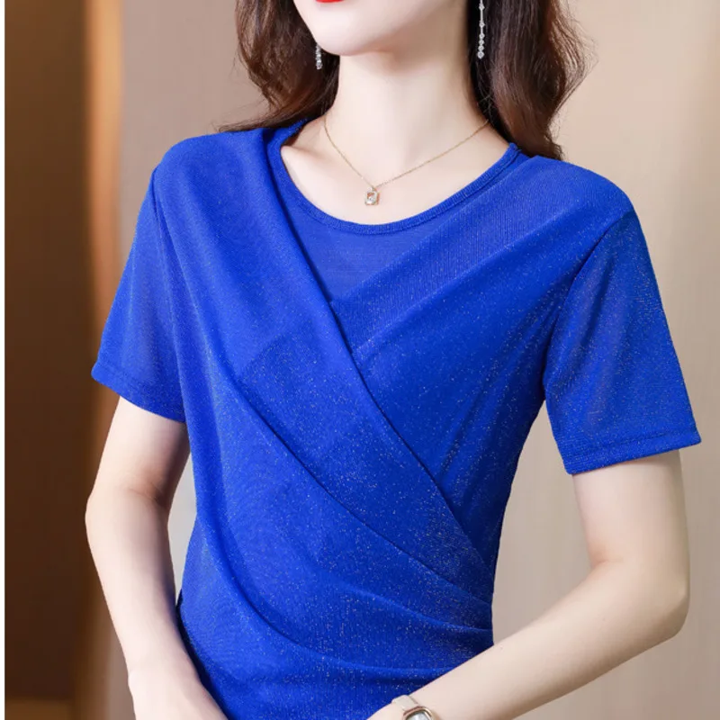 

#9232 Black Blue Elastic Mesh T Shirt Women Thin Skinny Office Women's Tee Shirt Round Neck Short Women's T-shirt Folds Summer