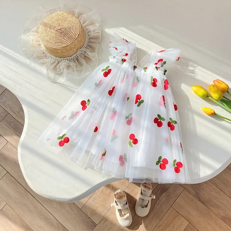 Summer Toddler Kids Clothes Girls Princess Dress Daisy/Fruit Embroidery Sleeveless Sling Dress Casual Mesh Tulle Fluffy Dress