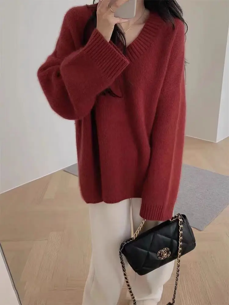

100% Merino Wool Women's V-neck Pullover Loose Oversized Thick Autumn Winter Warm Casual Fashionable Knitted Cashmere Sweater