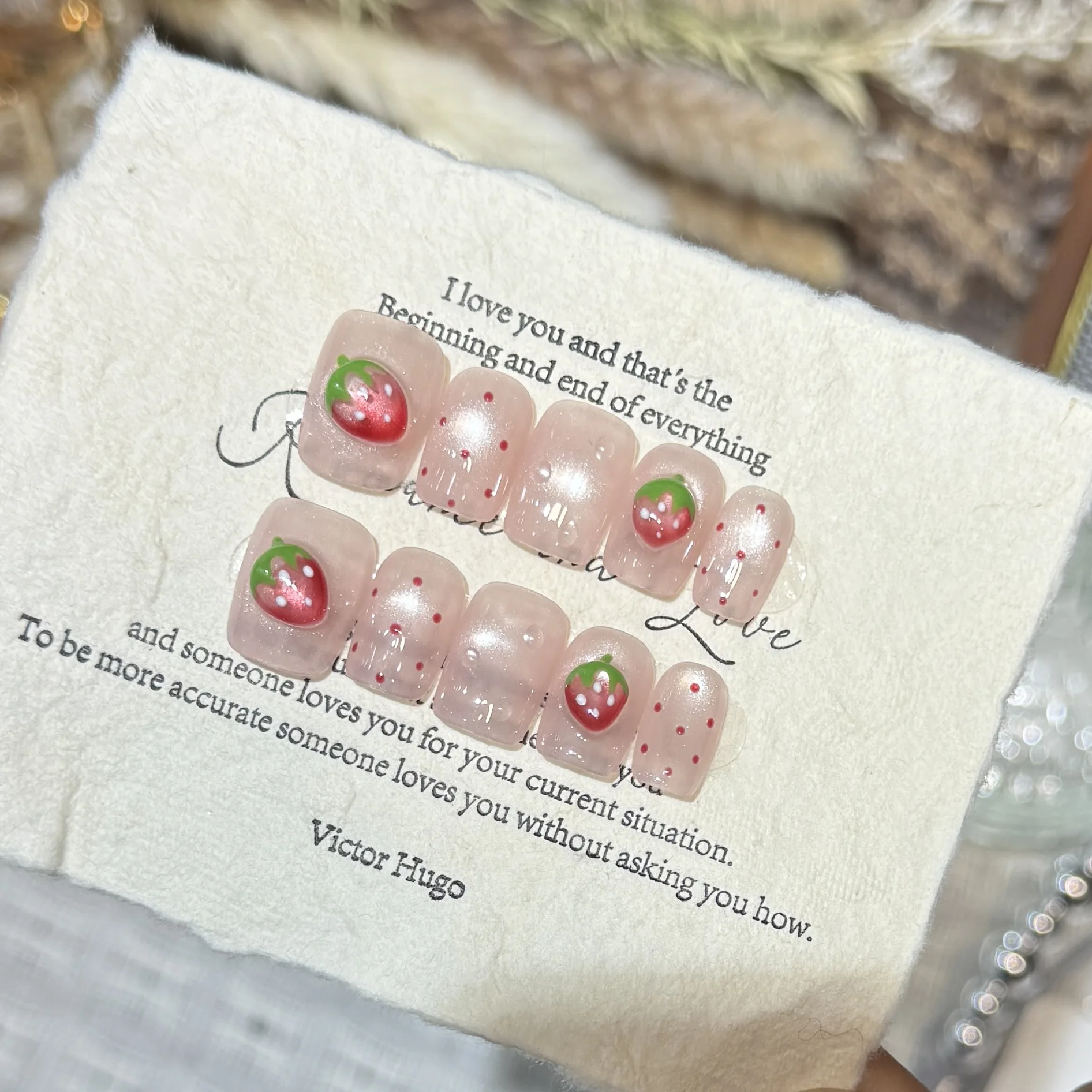 

10PCS Pink Short Press-On False Nails Sweet Cute Cat Eye French Strawberry Design with Red Polka Dots Full Cover Fake Nails