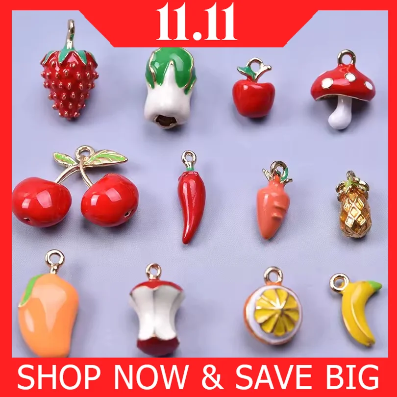 

6pcs/lot Fruit Vegetable Enamel Alloy Pendant Charms Strawberry Pepper Apple Mushroom Pineapple Mango DIY Jewelry Making Bulk